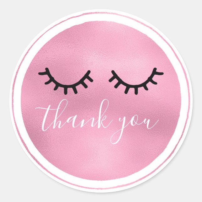 Glam Pink Black Eyelashes Thank you Classic Round Sticker (Front)