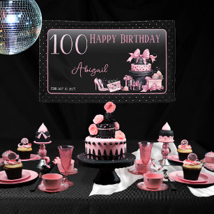 Glam Pink Black Fashion 100th Birthday Party Banner