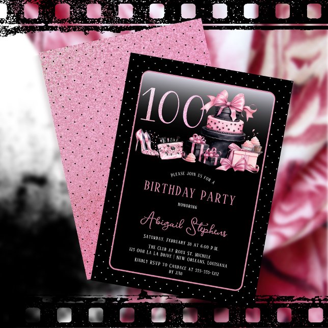 Glam Pink Black Fashion 100th Birthday Party Invitation (Glam Pink and Black French Couture Fashion 100th Birthday Party Invitation)