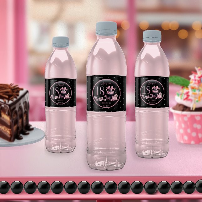 Glam Pink Black Fashion 18th Birthday Party Water Bottle Label (Glam Pink and Black French Couture Fashion 18th Birthday Party Water Bottle Labels)