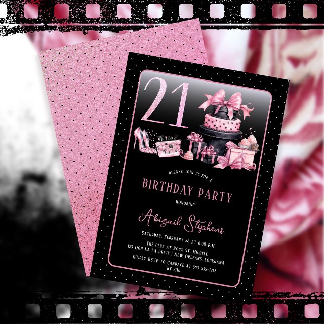 Glam Pink Black Fashion 21st Birthday Party Invitation (Glam Pink and Black French Couture Fashion 21st Birthday Party Invitation)
