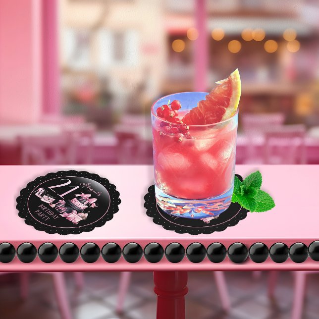 Glam Pink Black Fashion 21st Birthday Party Paper Coaster (Glam Pink and Black French Couture Fashion 21st Birthday Party Coasters)