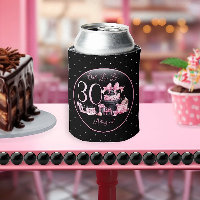 Glam Pink Black Fashion 30th Birthday Party Can Cooler (Glam Pink and Black French Couture Fashion 30th Birthday Party Can Cooler)