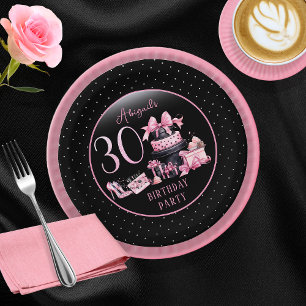 Glam Pink Black Fashion 30th Birthday Party Paper Plate