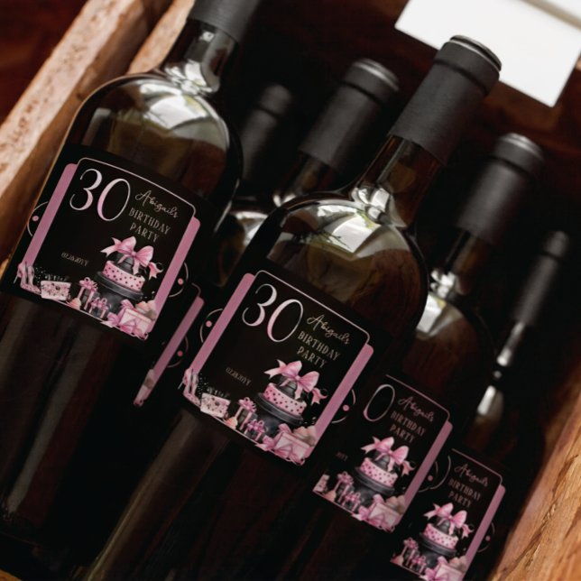 Glam Pink Black Fashion 30th Birthday Party Sparkling Wine Label (Glam Pink and Black French Couture Fashion 30th Birthday Party Bottle Labels)