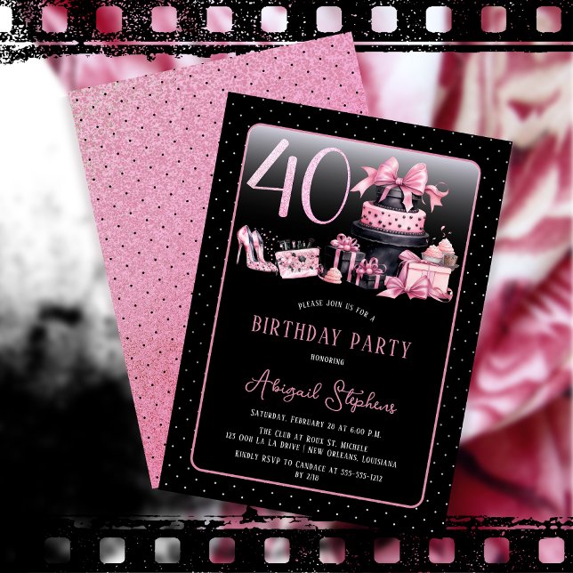 Glam Pink Black Fashion 40th Birthday Party Invitation (Glam Pink and Black French Couture Fashion 40th Birthday Party Invitation)