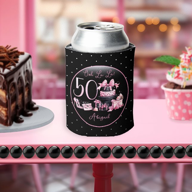 Glam Pink Black Fashion 50th Birthday Party Can Cooler (Glam Pink and Black French Couture Fashion 50th Birthday Party Can Cooler)