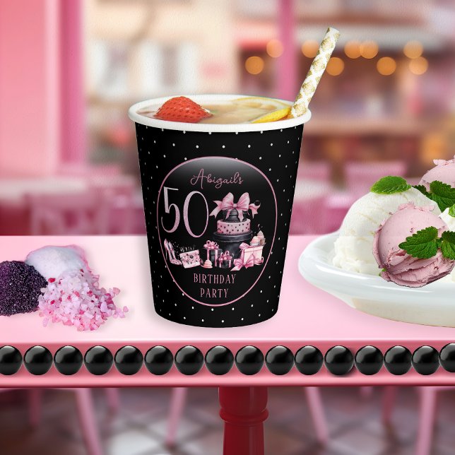 Glam Pink Black Fashion 50th Birthday Party Paper Cups (Glam Pink and Black French Couture Fashion 50th Birthday Party Paper Cups)