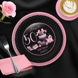 Glam Pink Black Fashion 50th Birthday Party Paper Plate