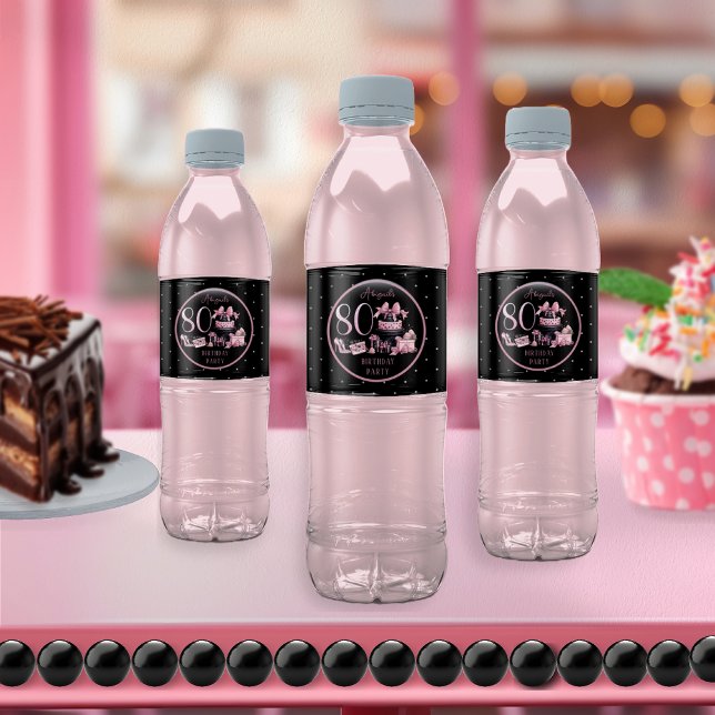 Glam Pink Black Fashion 80th Birthday Party Water Bottle Label (Glam Pink and Black French Couture Fashion 80th Birthday Party Water Bottle Labels)