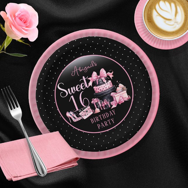 Glam Pink Black Fashion Sweet 16 Birthday Party Paper Plate (Glam Pink and Black French Couture Fashion Sweet 16 Birthday Party Paper Plates)