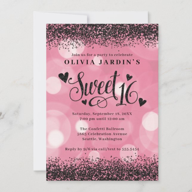 Glam Pink & Black Glitter Sweet 16 Invitation (Front)