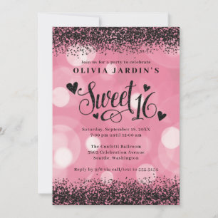 Glam Pink & Black Glitter Sweet 16 Invitation