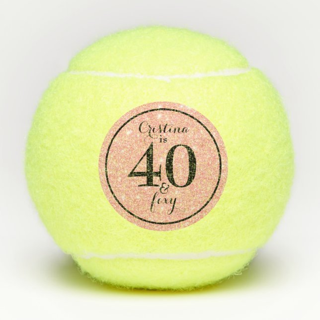 Glam Pink & Black Personalised 40 & Foxy Tennis Balls (Front)
