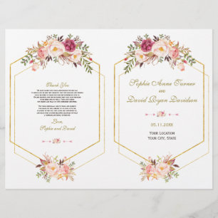 Glam Pink Blush Floral Gold Frame Wedding Program Flyer