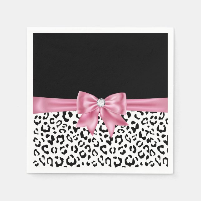 Glam Pink Bow Diamond Black Snow Leopard Napkin (Front)