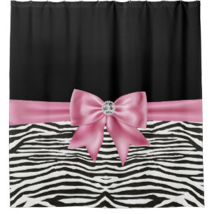 Glam Pink Bow Diamond Zebra Print Black Shower Curtain