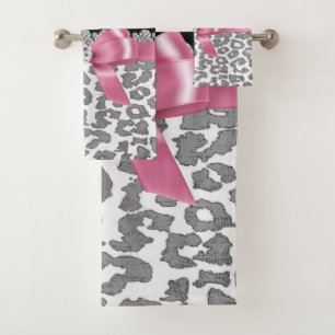 Glam Pink Bow-Grey Leopard-Silver Floral Sparkles Bath Towel Set