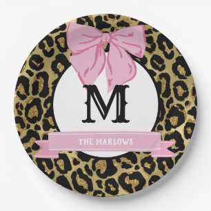 Glam Pink Bow Leopard Print Family Name Monogram Paper Plate