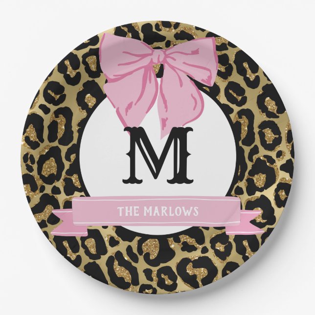 Glam Pink Bow Leopard Print Family Name Monogram Paper Plate (Front)