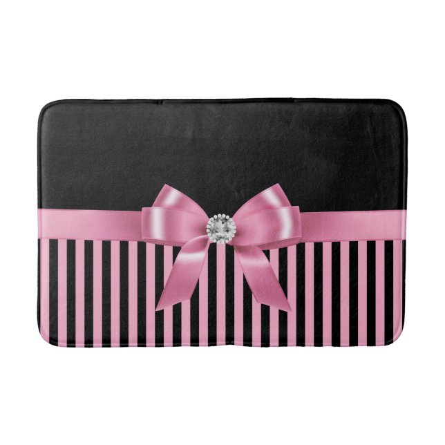 Glam Pink Bow-Pink Black Pinstripes-Black Bath Mat (Front)