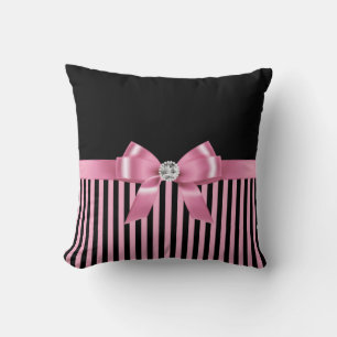 Glam Pink Bow-Pink Black Pinstripes-Black Cushion