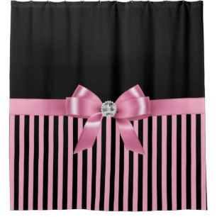 Glam Pink Bow-Pink Black Pinstripes-Black Shower Curtain