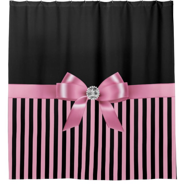 Glam Pink Bow-Pink Black Pinstripes-Black Shower Curtain (Front)