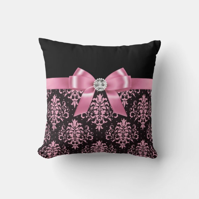 Glam Pink Bow-Pink Lace-Black Cushion (Front)