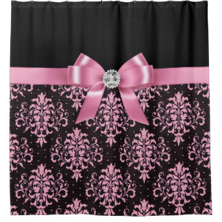 Glam Pink Bow-Pink Lace-Black Shower Curtain