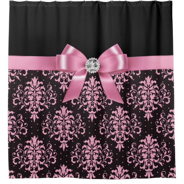 Glam Pink Bow-Pink Lace-Black Shower Curtain (Front)