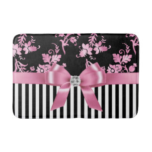 Glam Pink Bow-Pink Stencil-Black White Pinstripes Bath Mat