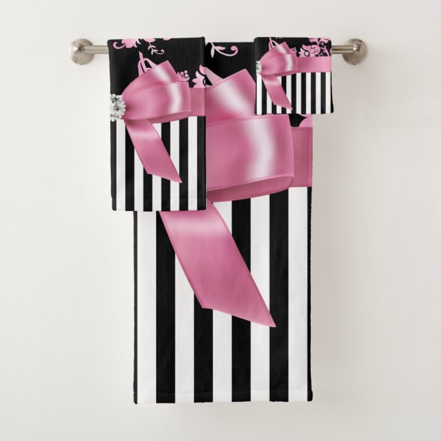 Glam Pink Bow-Pink Stencil-Black White Pinstripes Bath Towel Set (Insitu)