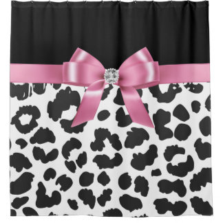 Glam Pink Bow-Snow Leopard Print-Black Shower Curtain