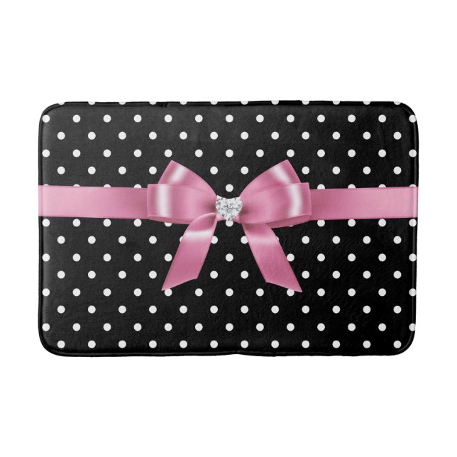 Glam Pink Bow-White Polka Dots-Black Bath Mat (Front)