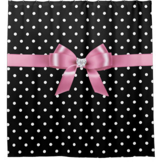 Glam Pink Bow-White Polka Dots-Black Shower Curtain
