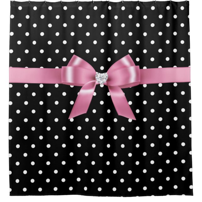 Glam Pink Bow-White Polka Dots-Black Shower Curtain (Front)