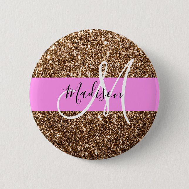 Glam Pink & Bronze Glitter Sparkles Monogram Name 6 Cm Round Badge (Front)