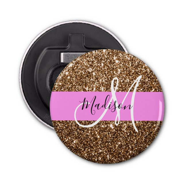 Glam Pink & Bronze Glitter Sparkles Monogram Name Bottle Opener (Front)