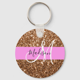 Glam Pink & Bronze Glitter Sparkles Monogram Name Key Ring