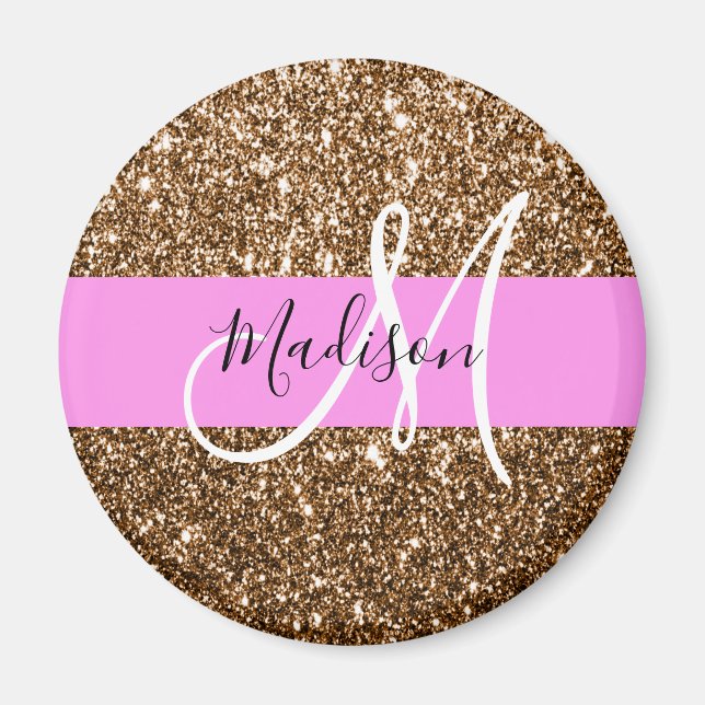Glam Pink & Bronze Glitter Sparkles Monogram Name Magnet (Front)