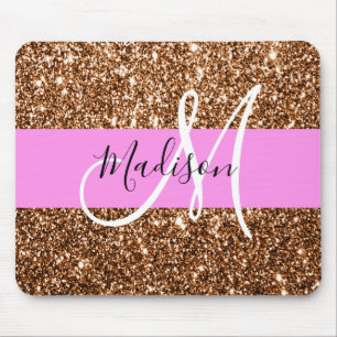 Glam Pink & Bronze Glitter Sparkles Monogram Name Mouse Mat
