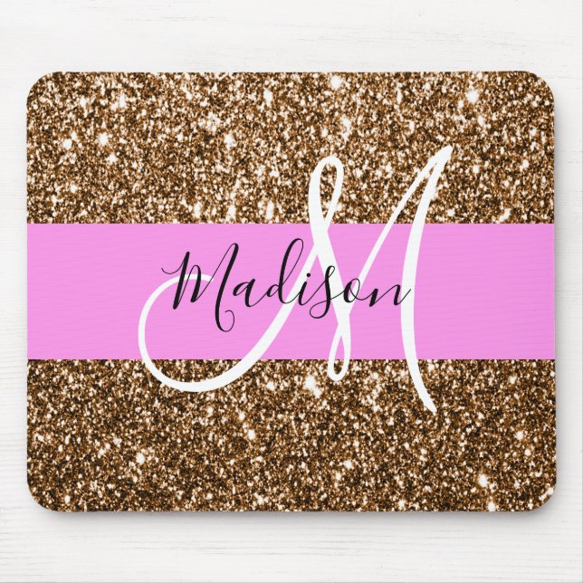 Glam Pink & Bronze Glitter Sparkles Monogram Name Mouse Mat (Front)