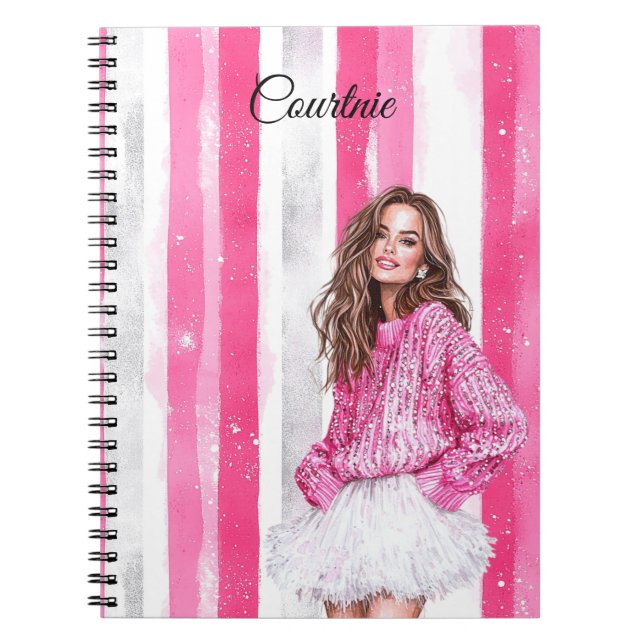 Glam Pink Brown Haired Girl Notebook (Front)