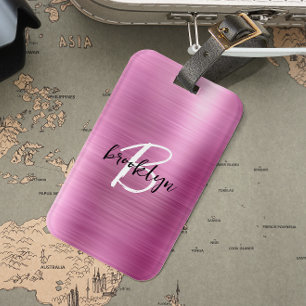 Glam Pink Brushed Metal Black White Monogram Luggage Tag