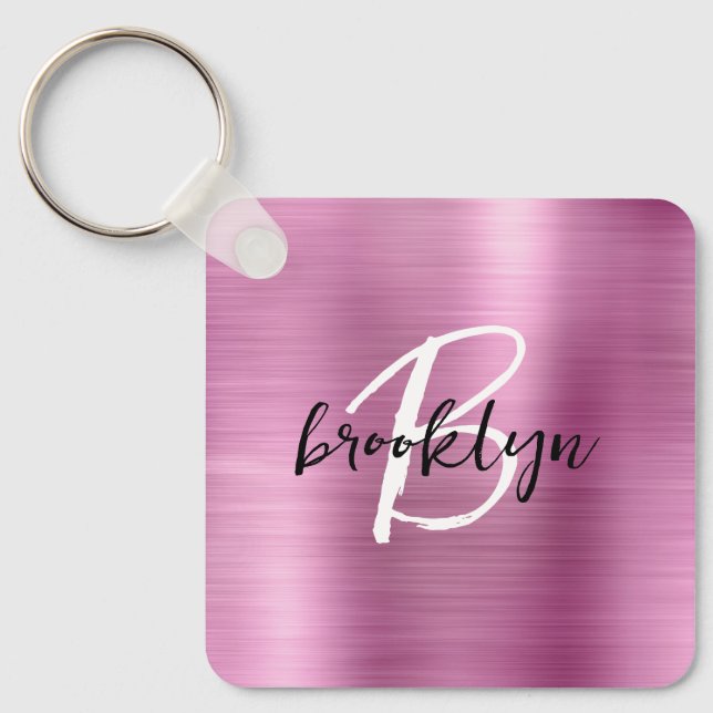Glam Pink Brushed Metal Monogram  Key Ring (Front)
