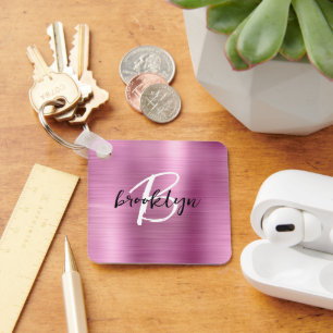 Glam Pink Brushed Metal Monogram Key Ring