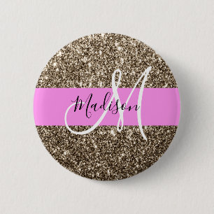 Glam Pink Champagne Gold Glitter Sparkle Monogram 6 Cm Round Badge