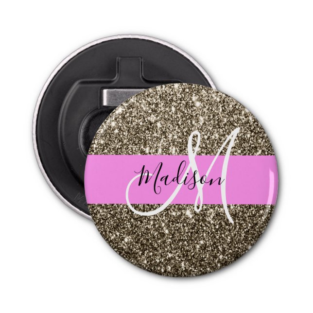 Glam Pink Champagne Gold Glitter Sparkle Monogram Bottle Opener (Front)