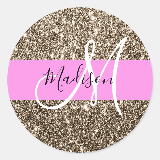 Glam Pink Champagne Gold Glitter Sparkle Monogram Classic Round Sticker (Front)